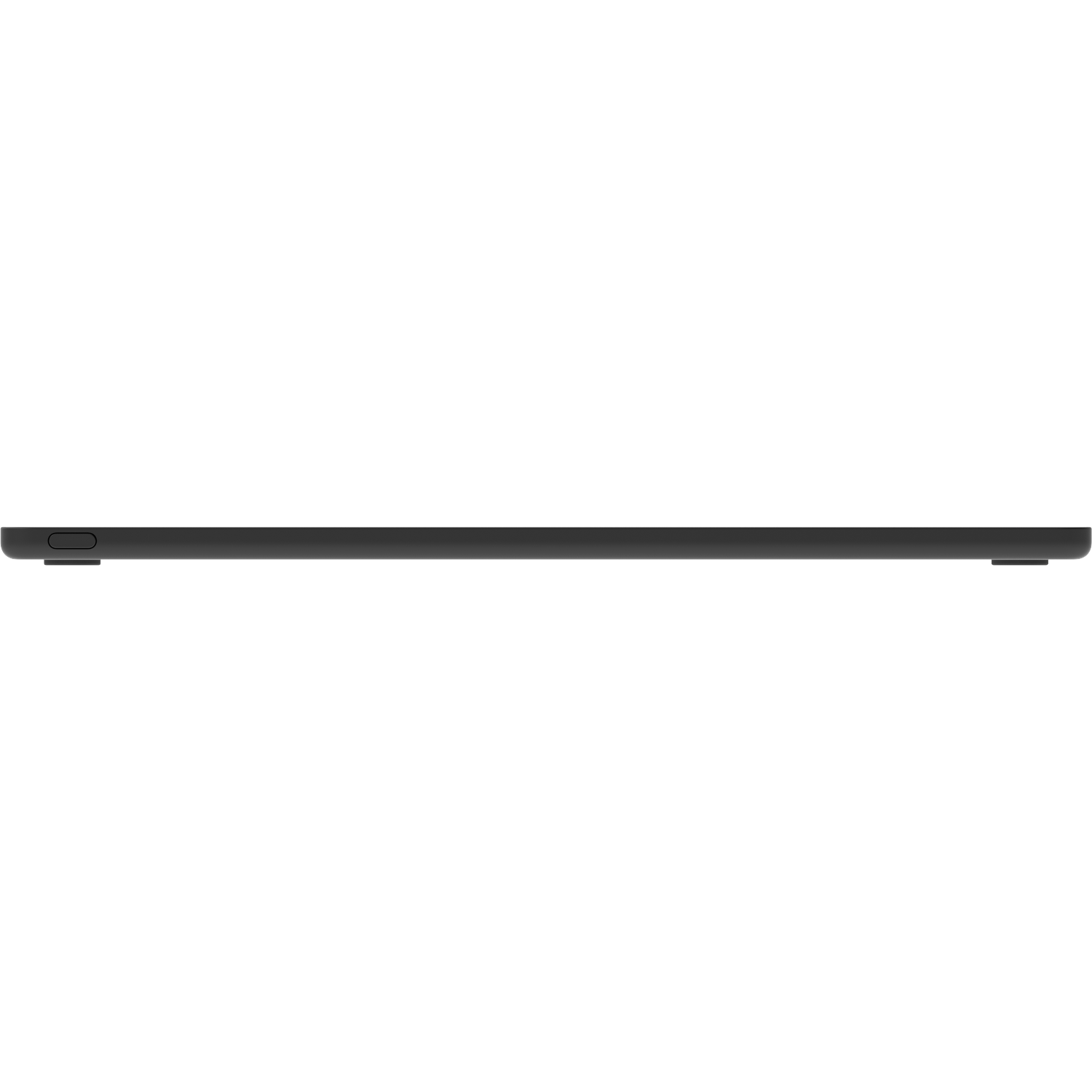 Zwarte tablet in liggende weergave, van de zijkant gezien. Kleine knop links.