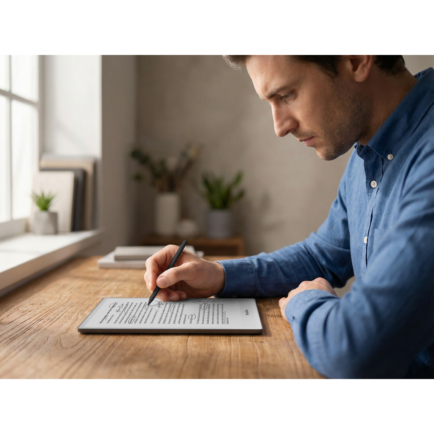 Man met stylus schrijft op een e-reader aan een houten bureau.