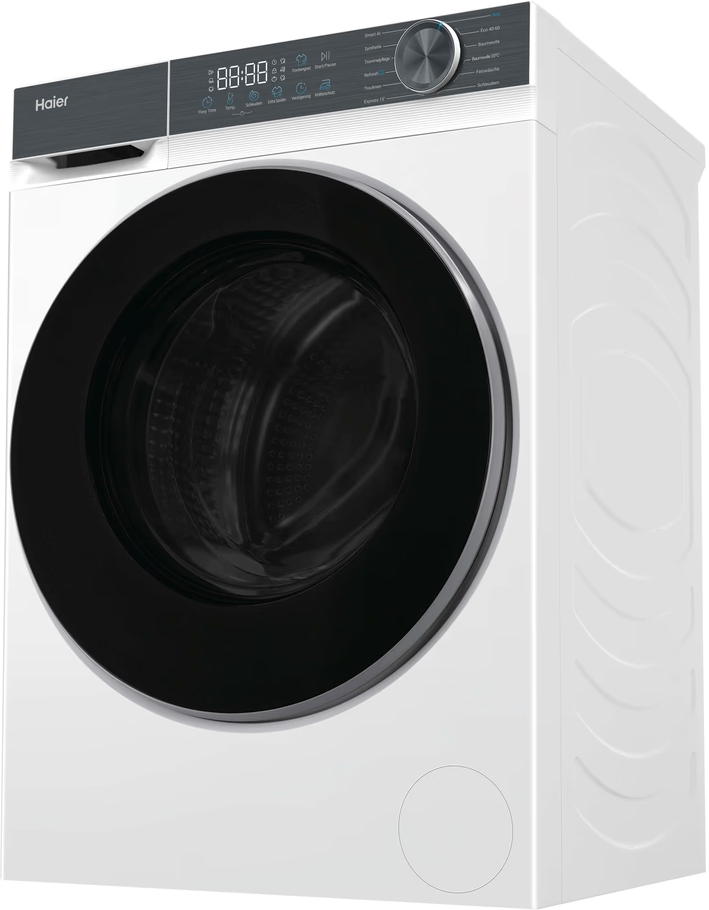 Weiße Haier Waschmaschine mit schwarzer Tür und digitalem Bedienfeld.