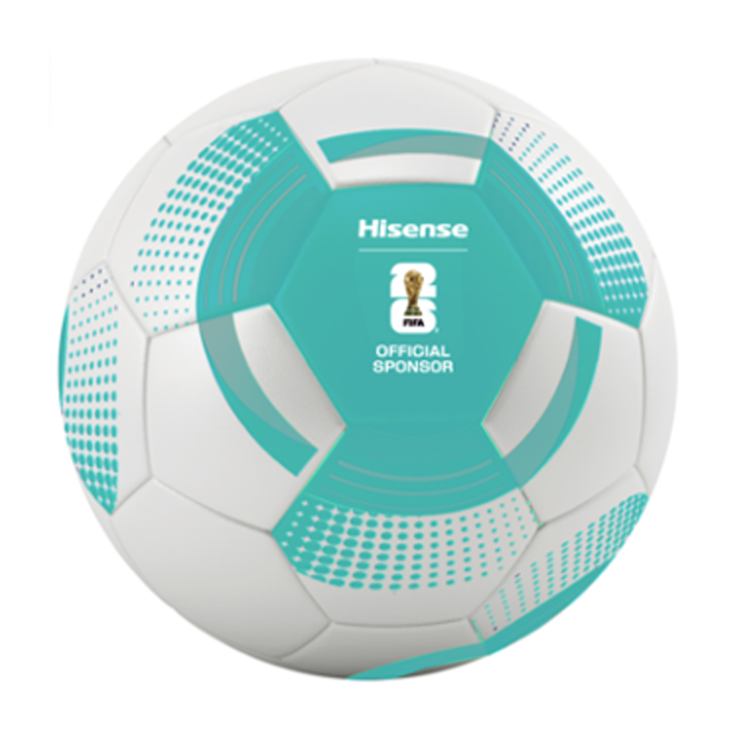 Un pallone da calcio bianco con accenti turchesi e il logo Hisense.