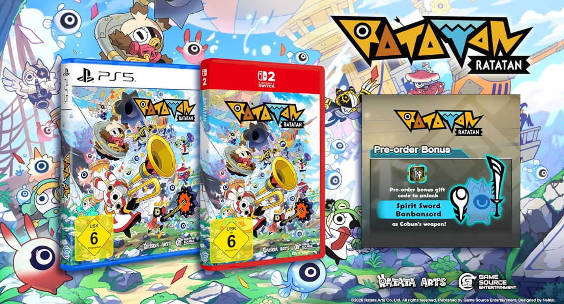 Spielcover für Ratatan auf PS5 und Switch, mit Charakteren und einem Pre-Order-Bonus.