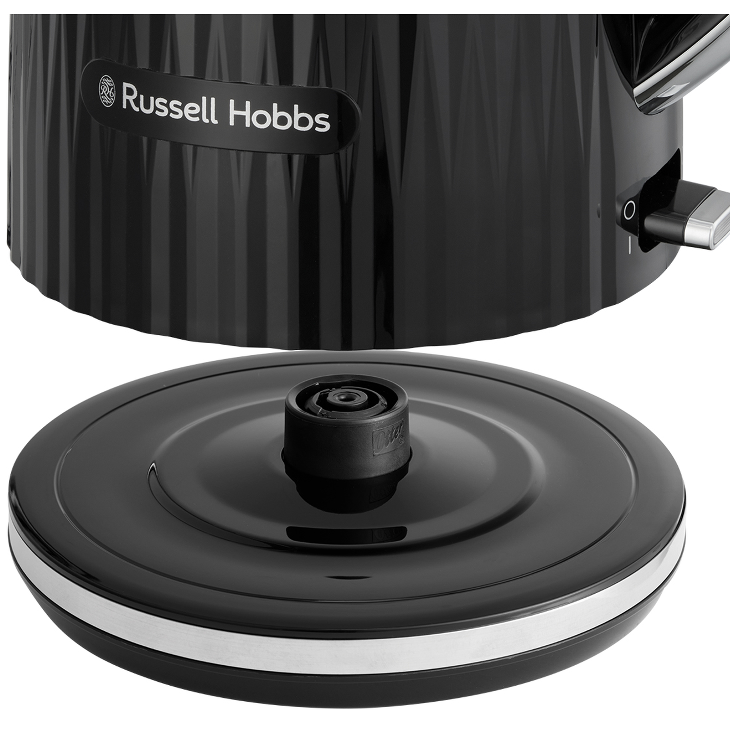 Black kettle with Russell Hobbs logo and power switch.