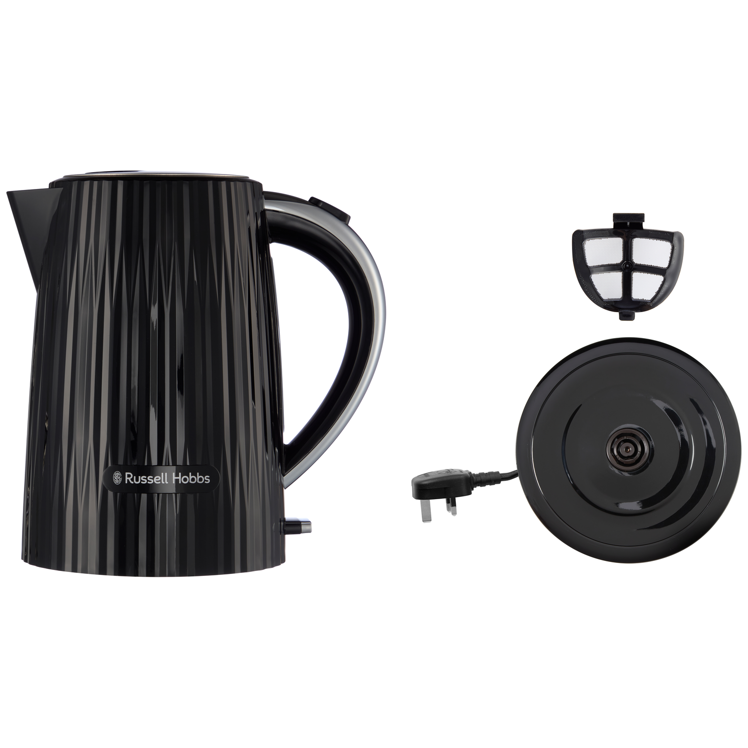 Black kettle with ribbed pattern, base, and filter.