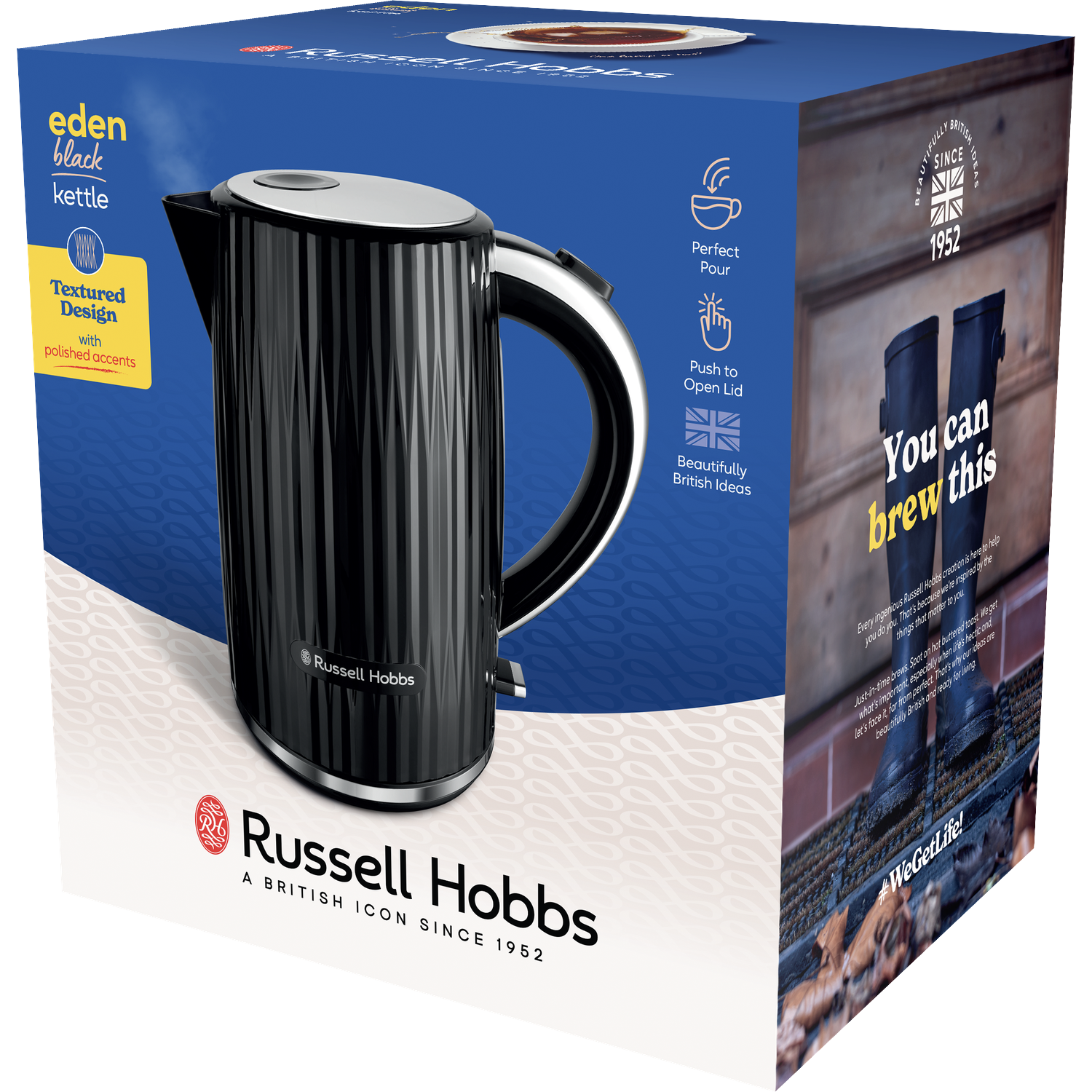 Black Russell Hobbs kettle with textured design, steam rising. Text: 'eden black kettle'.