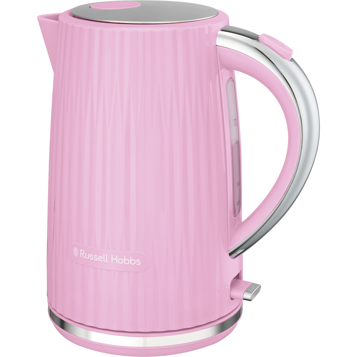 Een roze geribbelde waterkoker met zilveren accenten en een handvat.