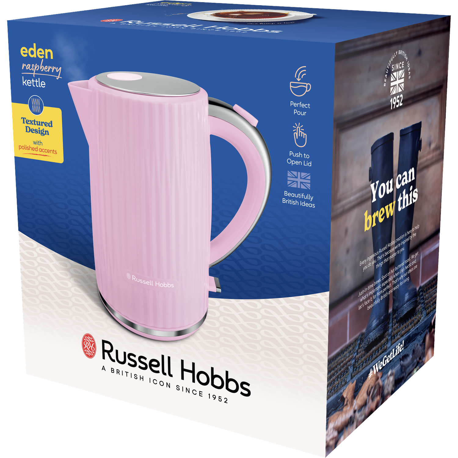 Roze verpakking van een Russell Hobbs waterkoker met productafbeelding.