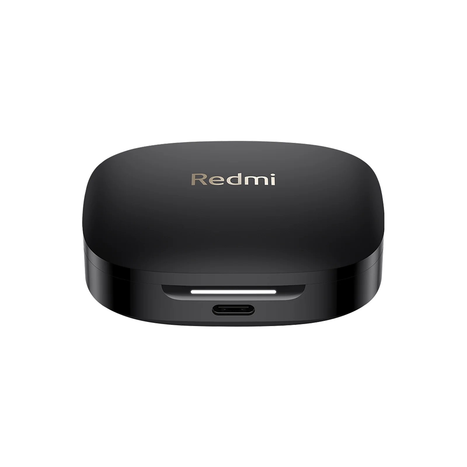 Schwarzes Ladeetui für Kopfhörer mit Redmi-Logo und USB-C-Anschluss.