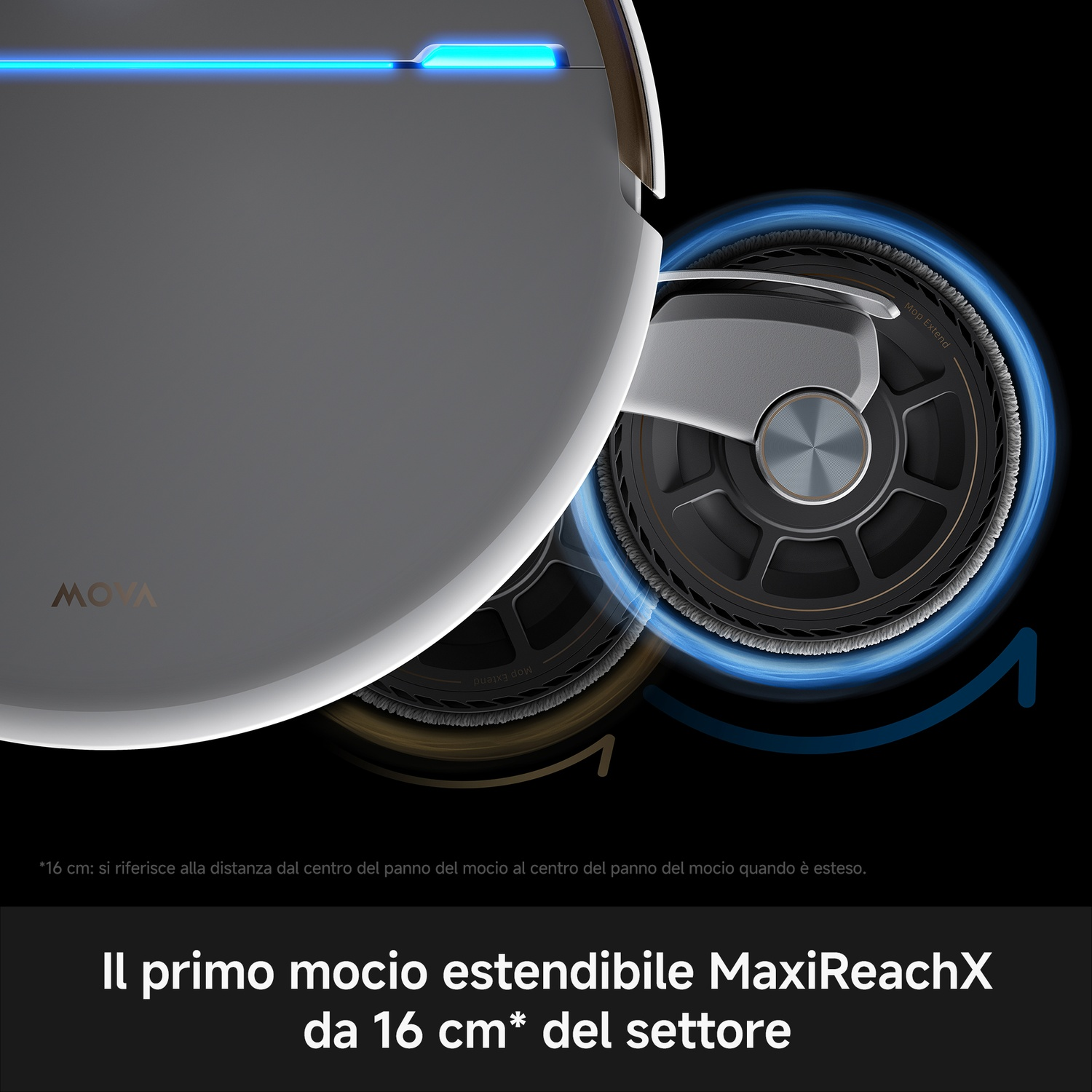 Primo piano di un robot con mocio estensibile e illuminazione blu.