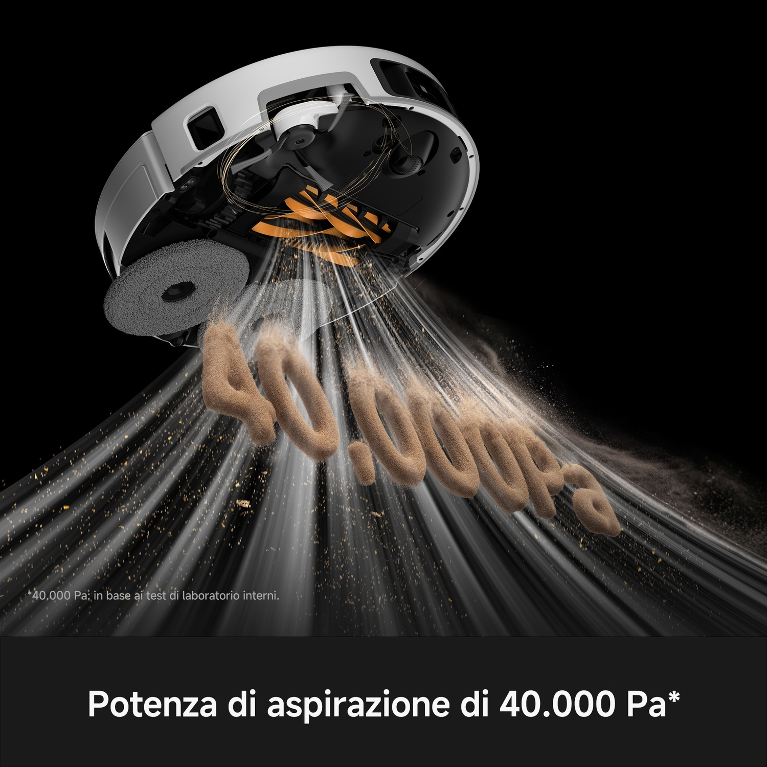 Un robot aspirapolvere aspira sabbia, raffigurata come 40.000 Pa.