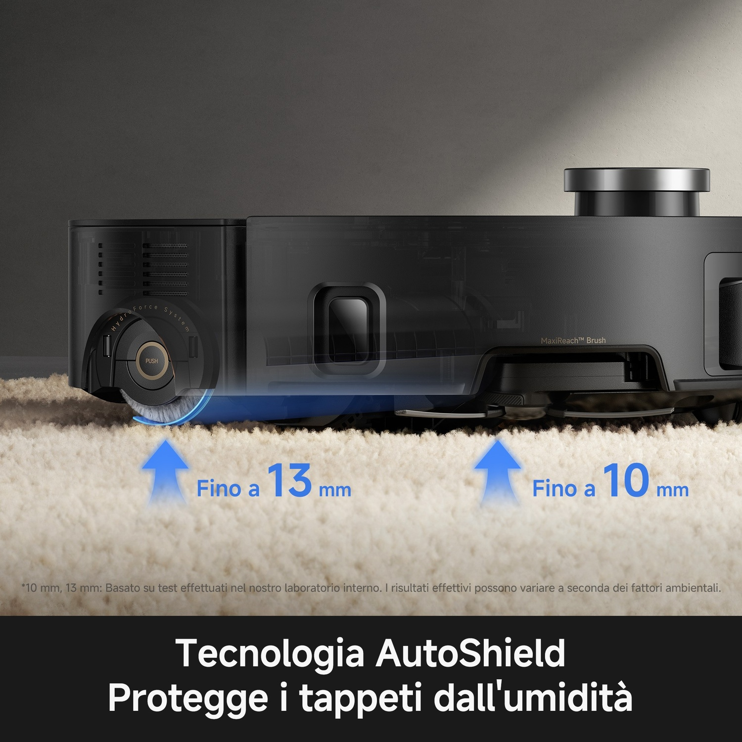 Robot aspirapolvere nero su tappeto chiaro, con frecce che indicano 10 e 13 mm.