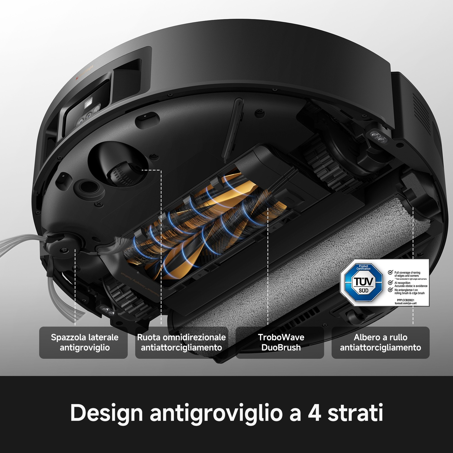Parte inferiore di un robot aspirapolvere con spazzole, rulli e sigillo TÜV.
