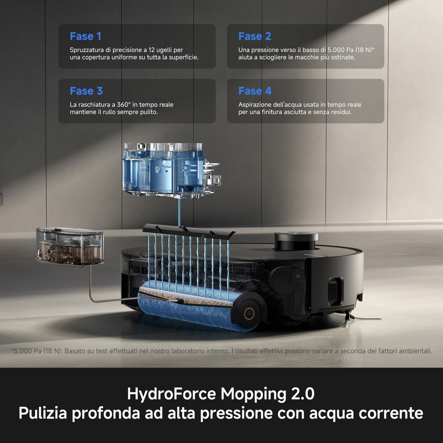Un robot aspirapolvere con accessorio lavapavimenti blu e serbatoio d'acqua, che spruzza e aspira liquidi.