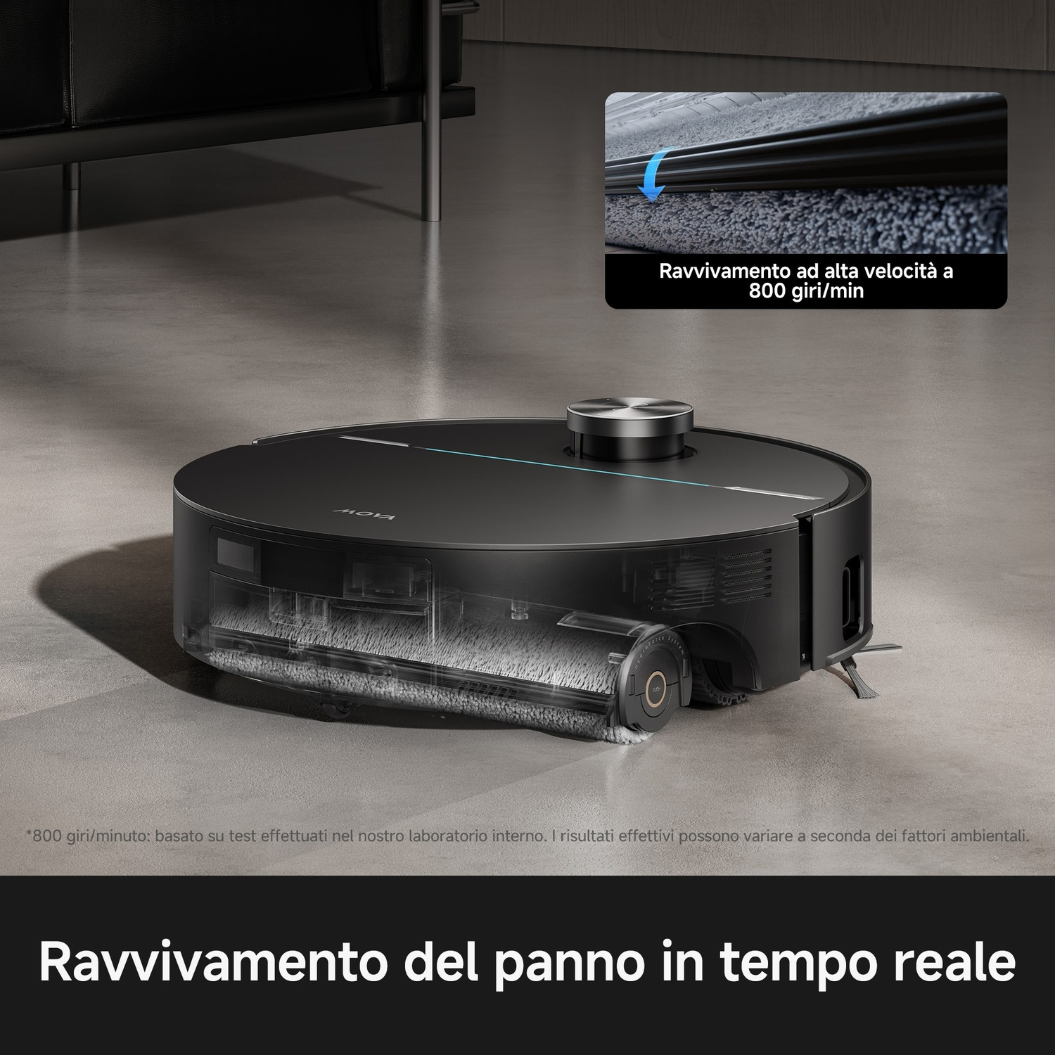 Un robot aspirapolvere nero pulisce un pavimento. Un riquadro di dettaglio mostra una spazzola a 800 giri/min.