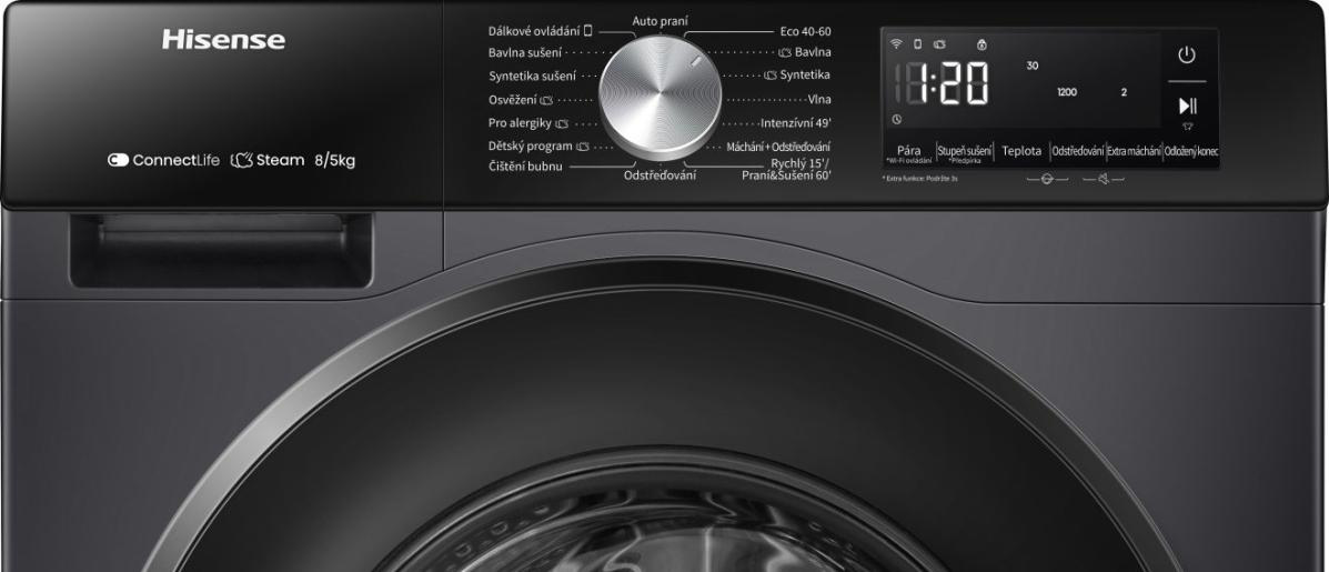 Hisense mosógép vezérlőpultjának közeli képe tárcsával és digitális kijelzővel.