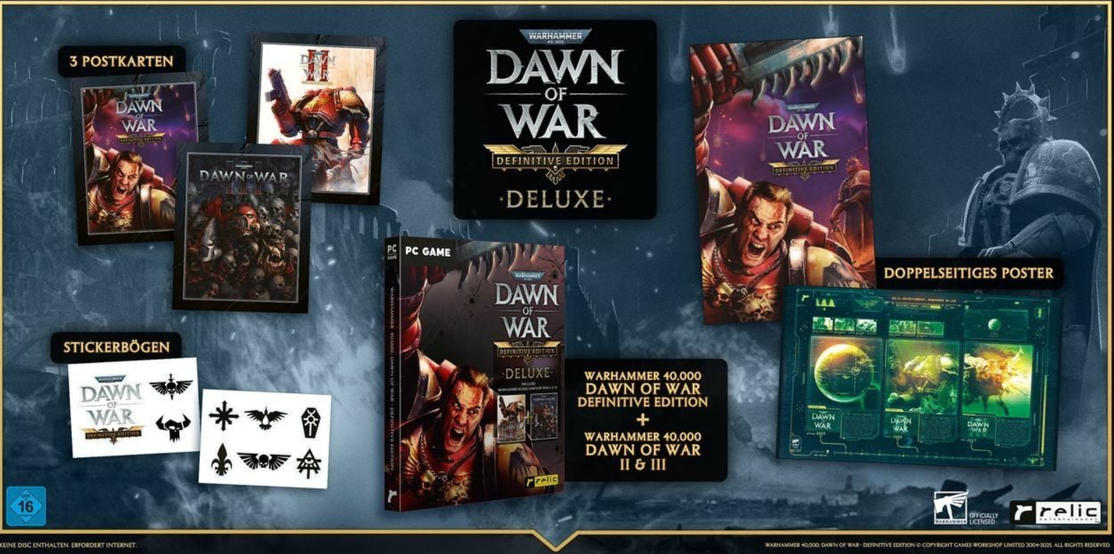 Aufstellung von Warhammer 40.000 Dawn of War-Spielen, Postkarten, Stickern und einem Poster.