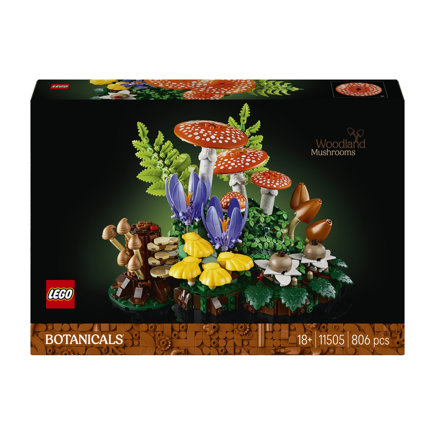Set LEGO Botanicals con funghi rossi e bianchi, funghi gialli e fiori viola.