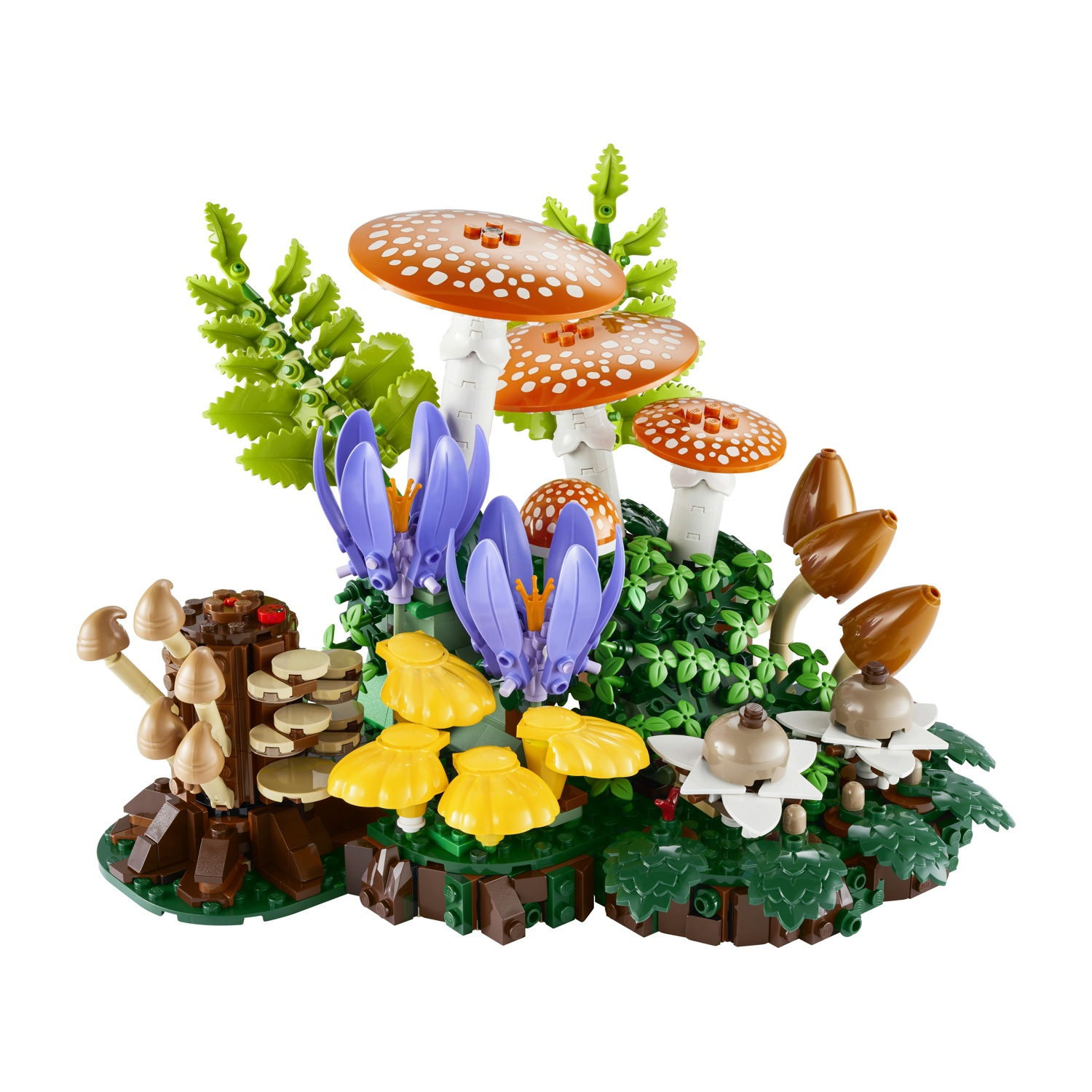 Una scena di foresta Lego con funghi, fiori e felci di vari colori.
