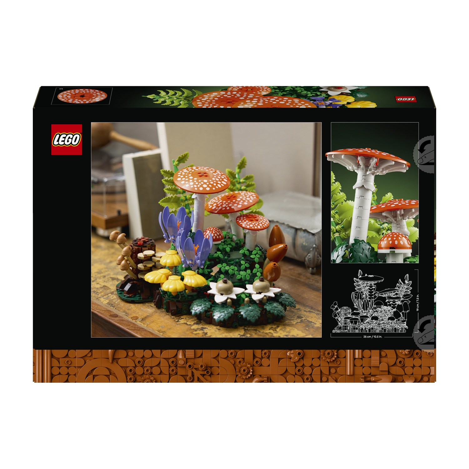 Set LEGO con funghi rossi, fiori gialli e foglie verdi su un tavolo di legno.