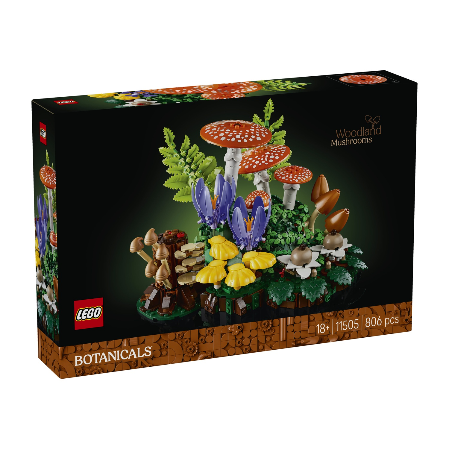 Scatola del set LEGO Botanicals Woodland Mushrooms con funghi amanita muscaria rossi e bianchi.