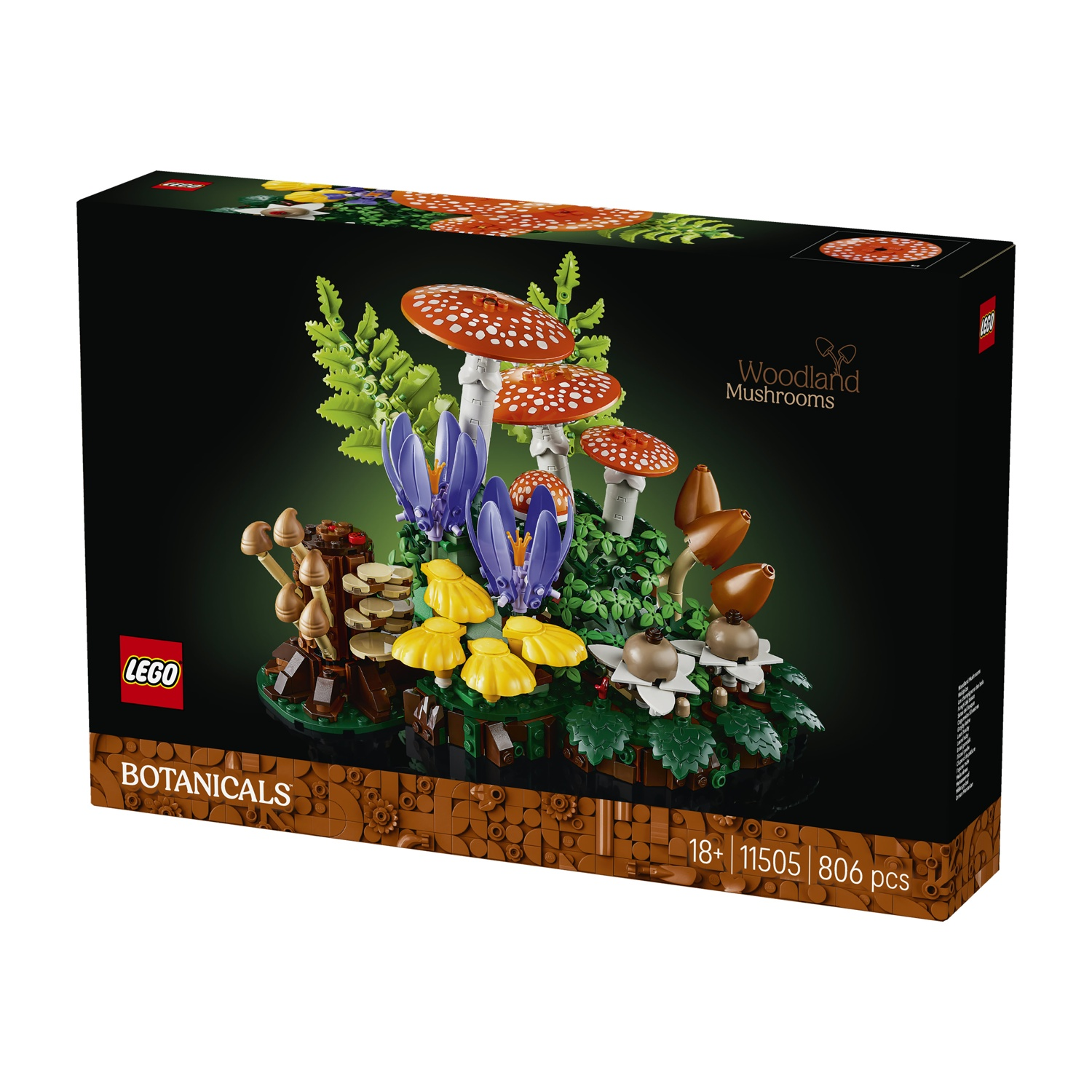 Scatola del set LEGO Woodland Mushrooms con funghi rossi e bianchi, foglie verdi, fiori viola.
