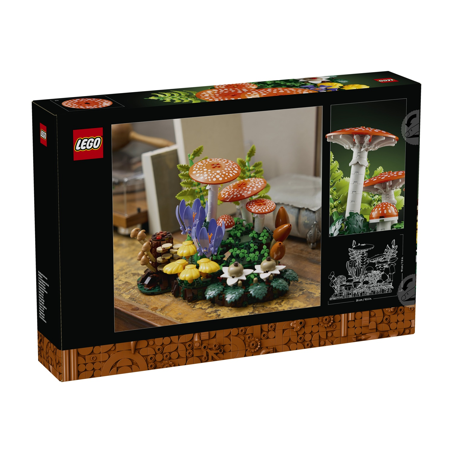 Scatola LEGO che mostra un set da costruzione a tema fungo con funghi rossi e bianchi e fogliame verde.