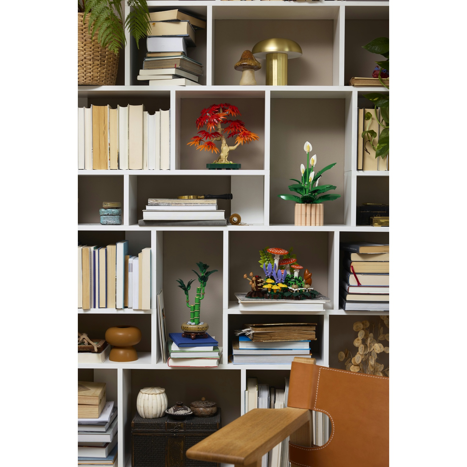 Una libreria piena di libri, piante e oggetti decorativi come funghi e alberi.