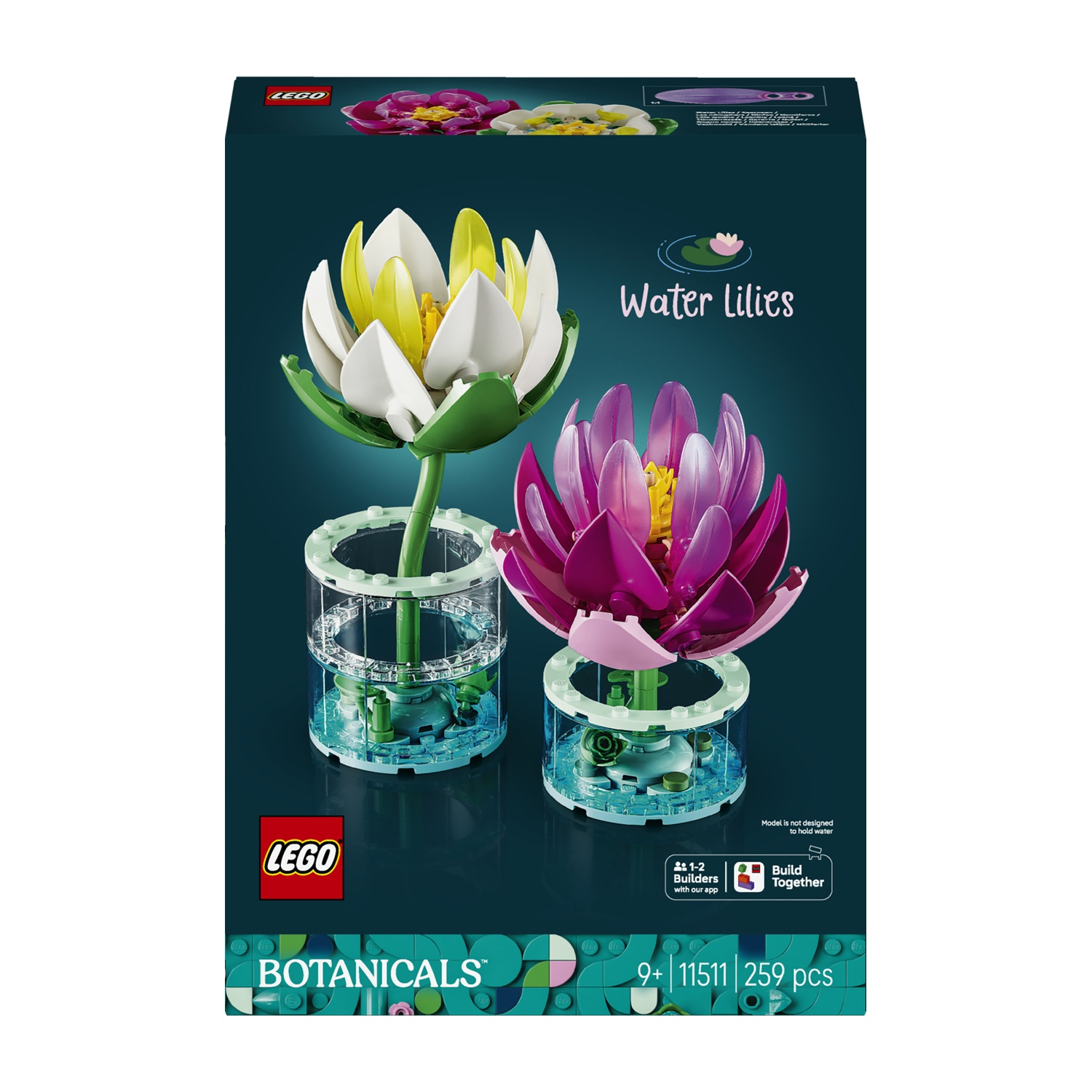 Modello Lego di due ninfee, una bianca e una rosa, in vasi trasparenti.