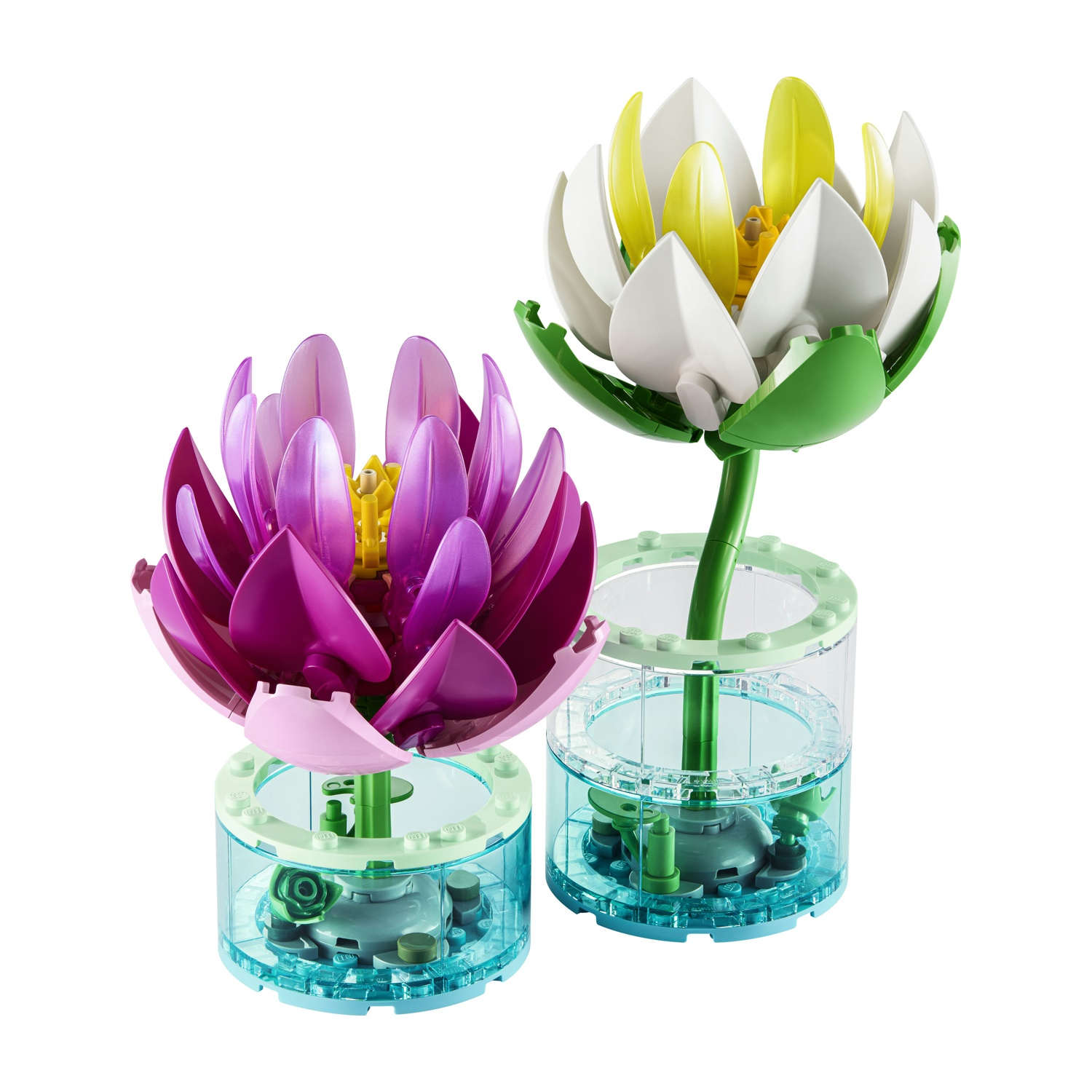 Due fiori Lego, uno viola e uno bianco, in contenitori trasparenti.