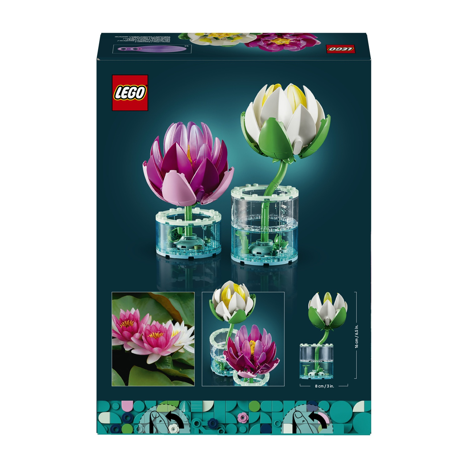 Scatola LEGO con logo LEGO e due modelli stilizzati di fiori di loto LEGO.