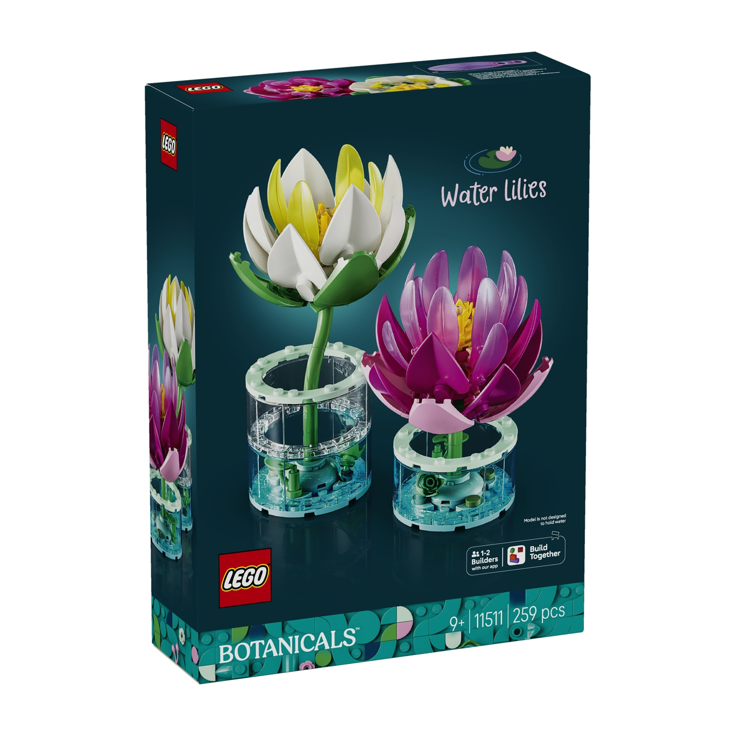 Scatola set LEGO con modelli di ninfee bianche e viola.