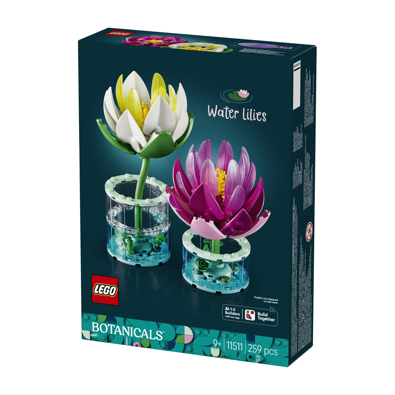 Scatola set LEGO con due ninfee LEGO dettagliate rosa e bianche su scatola blu scuro.