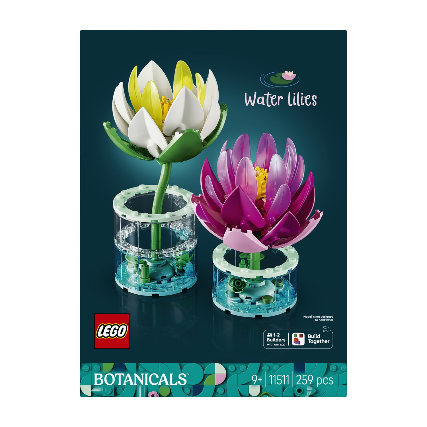 Due ninfee LEGO, una bianca e una viola, su sfondo blu scuro.