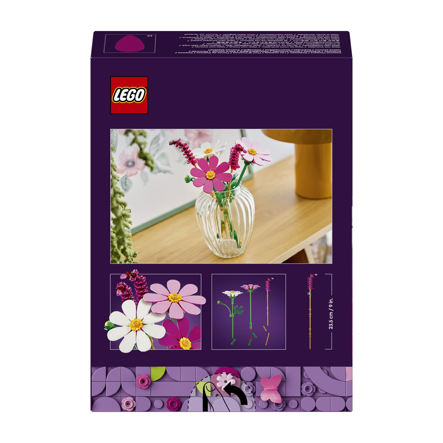 Scatola Lego che mostra kit di fiori: vaso con fiori, fiori singoli e istruzioni di montaggio.