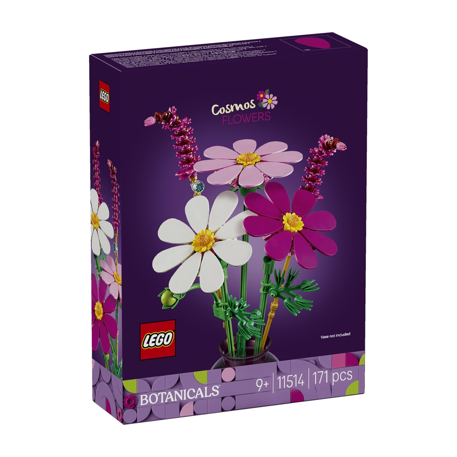 Scatola Lego con costruzione di fiori, viola con illustrazione floreale.