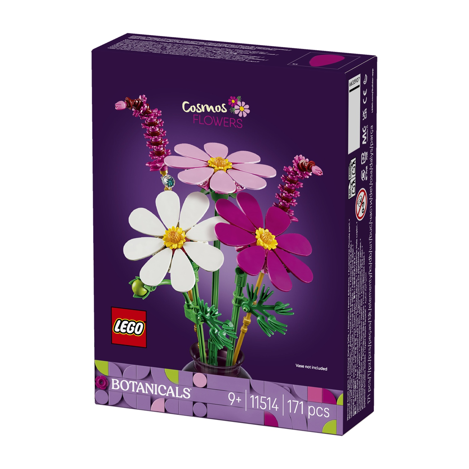 Set fiori LEGO: fiori di cosmo viola, bianchi e rosa in un vaso.