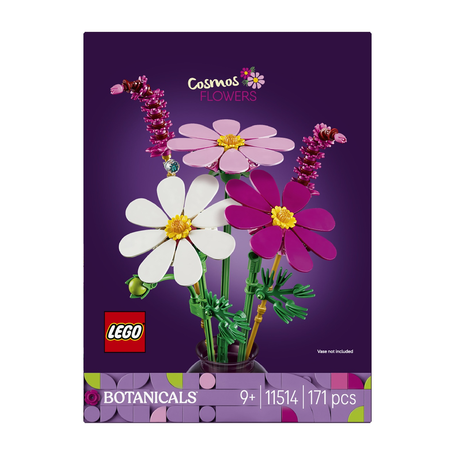 Set di fiori Lego con fiori viola, bianchi e rosa in un vaso su sfondo viola.