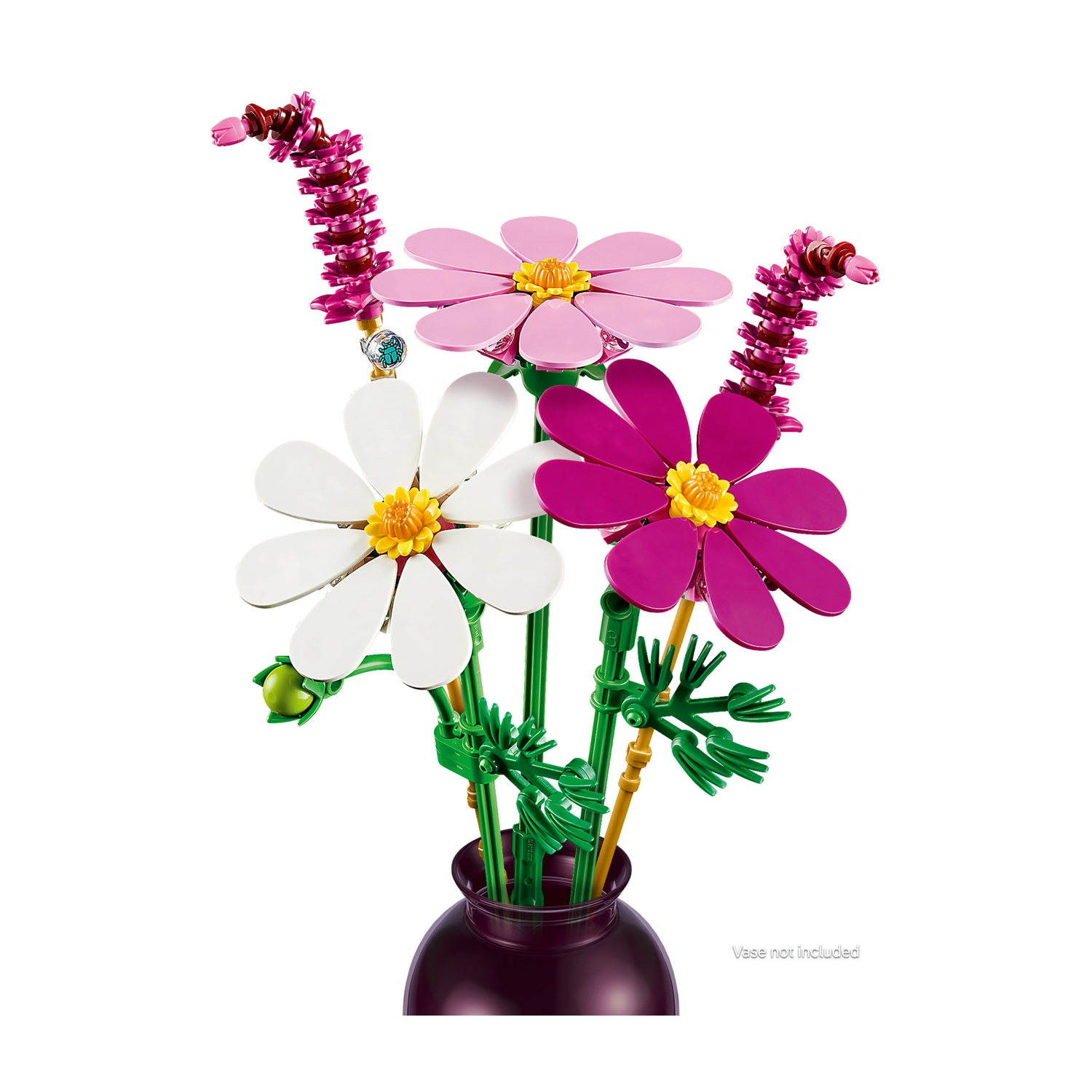 Un mazzo di fiori LEGO rosa, bianchi e magenta con centri gialli e steli verdi.