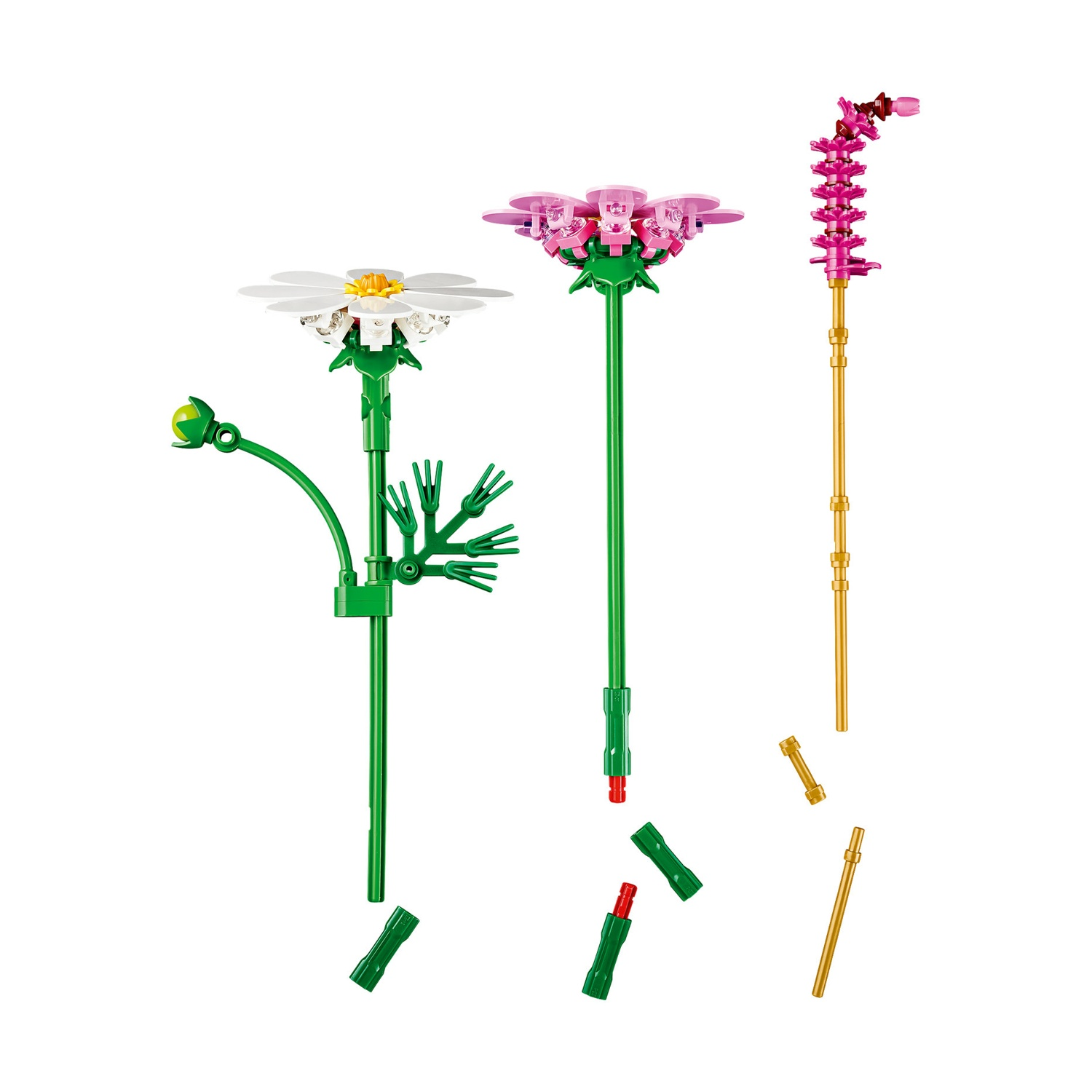 Tre steli di fiori Lego: margherita bianca, fiore rosa e stelo curvo rosa.
