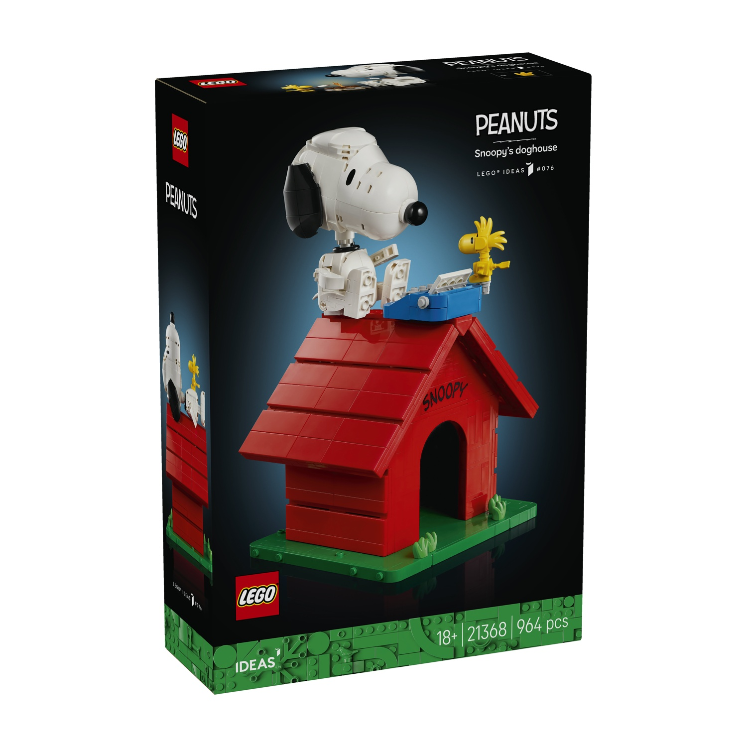 Set LEGO cuccia di Snoopy con Snoopy e Woodstock su tetto rosso.