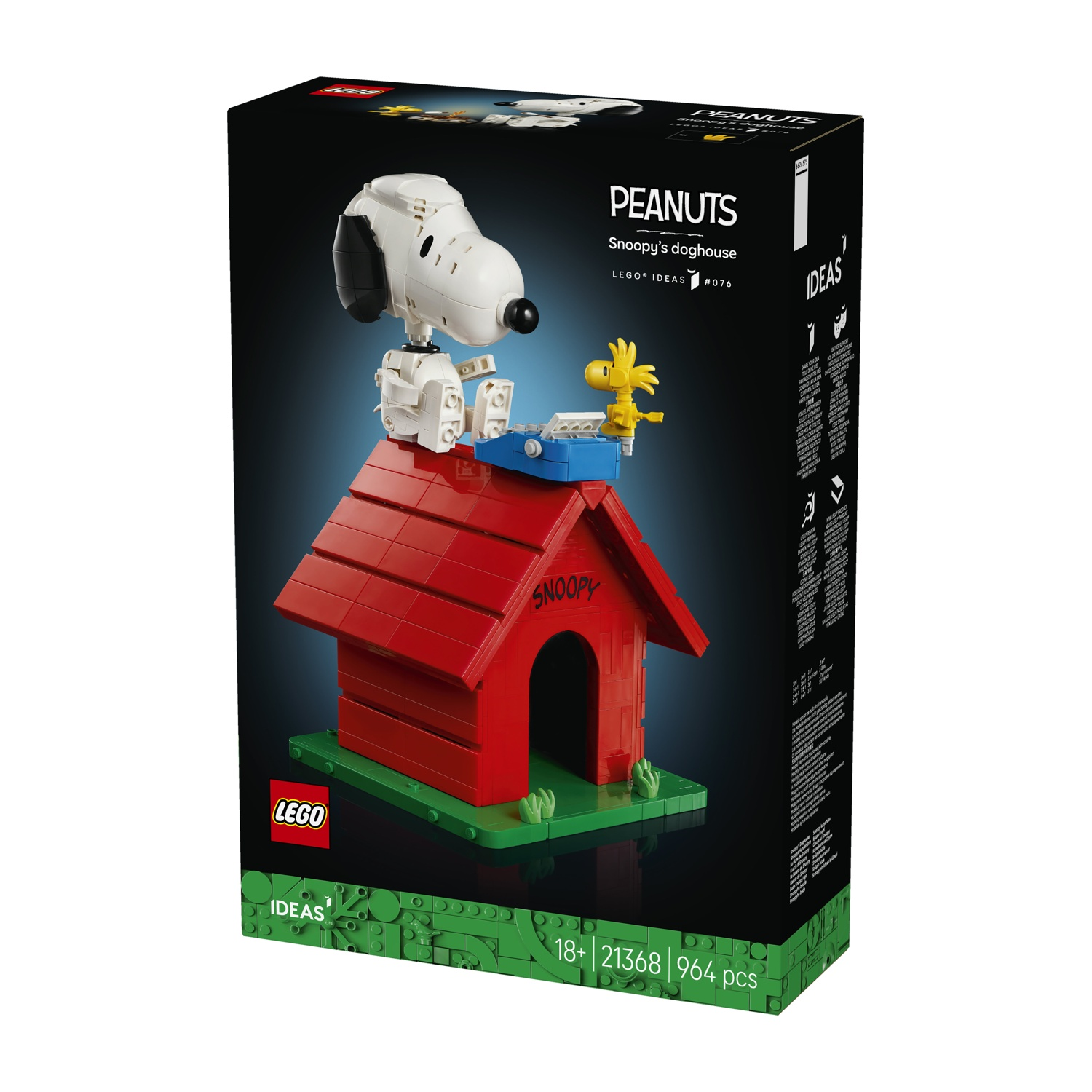 La cuccia di Snoopy LEGO con Woodstock sul tetto rosso.
