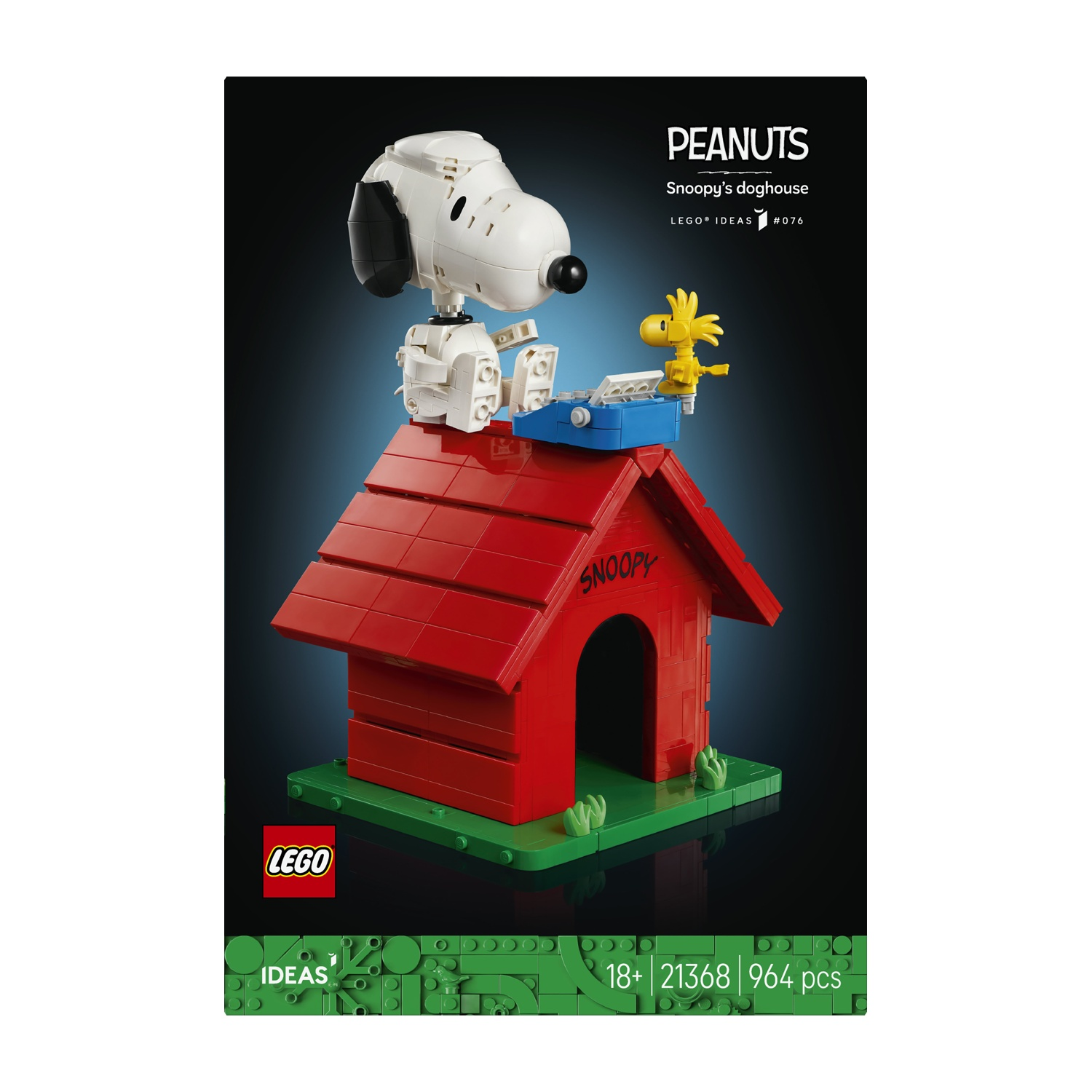 Snoopy e Woodstock su una cuccia rossa Lego.