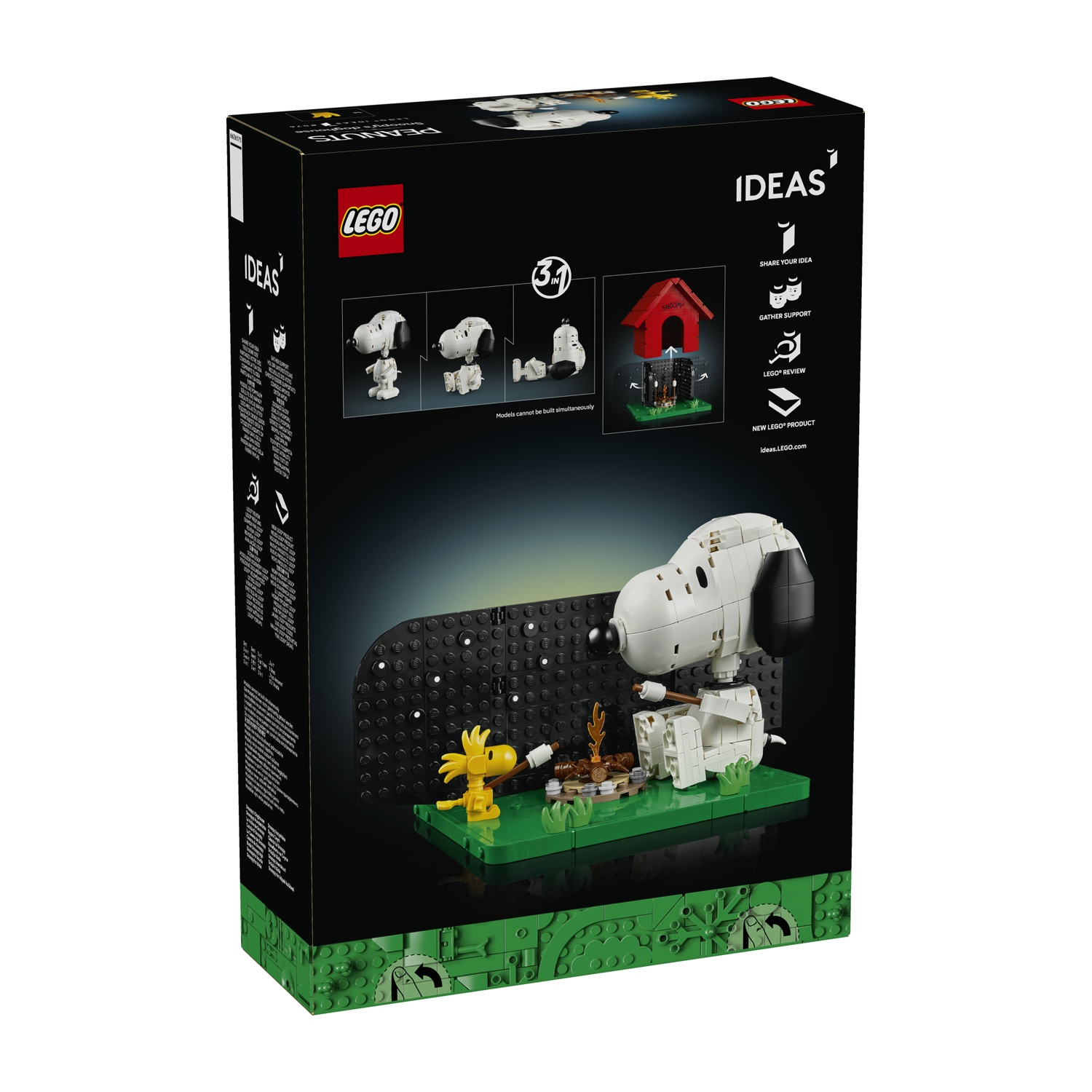 Scatola LEGO con Snoopy e Woodstock su base verde con falò.