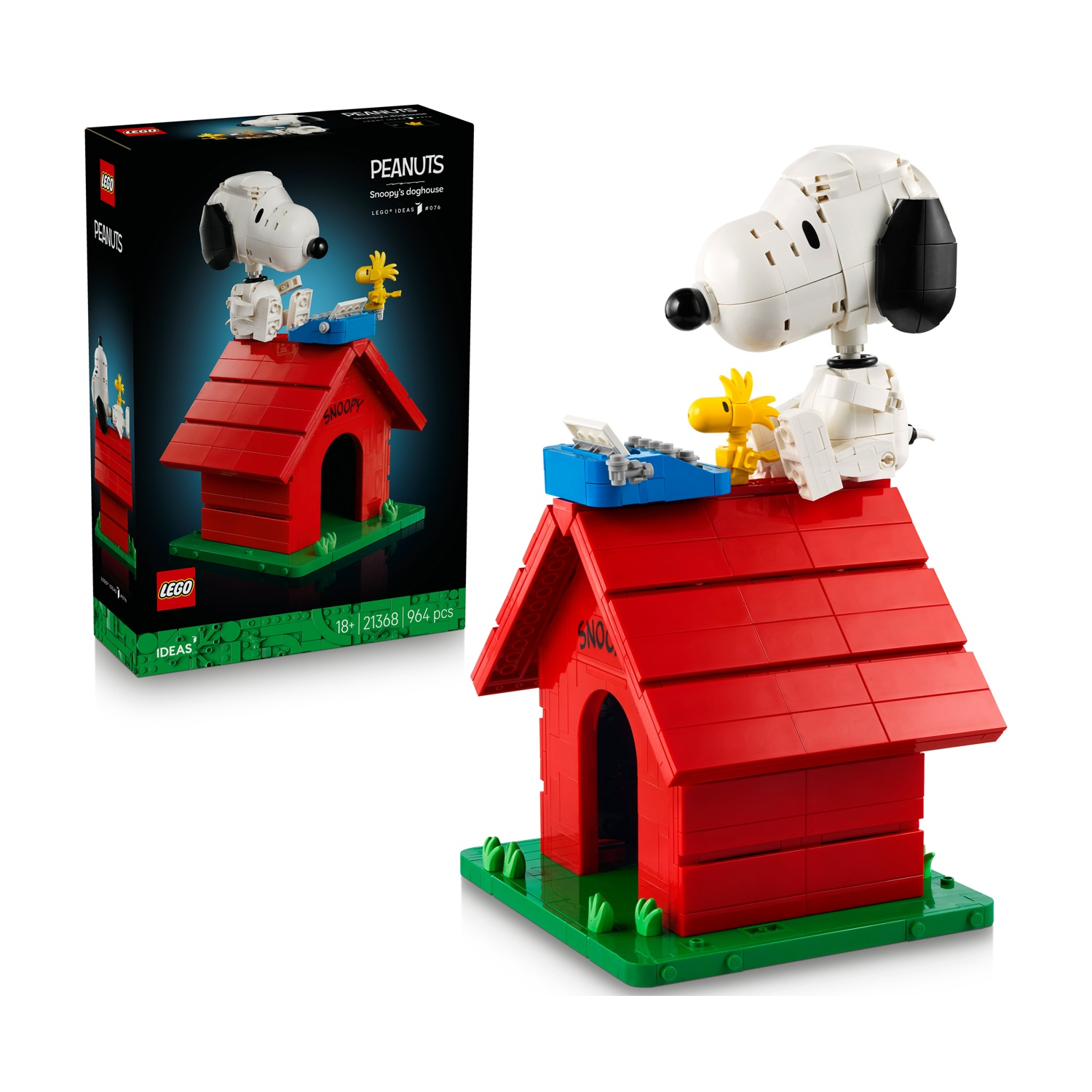 Un modello Lego di Snoopy sulla sua cuccia rossa con Woodstock e una macchina da scrivere.