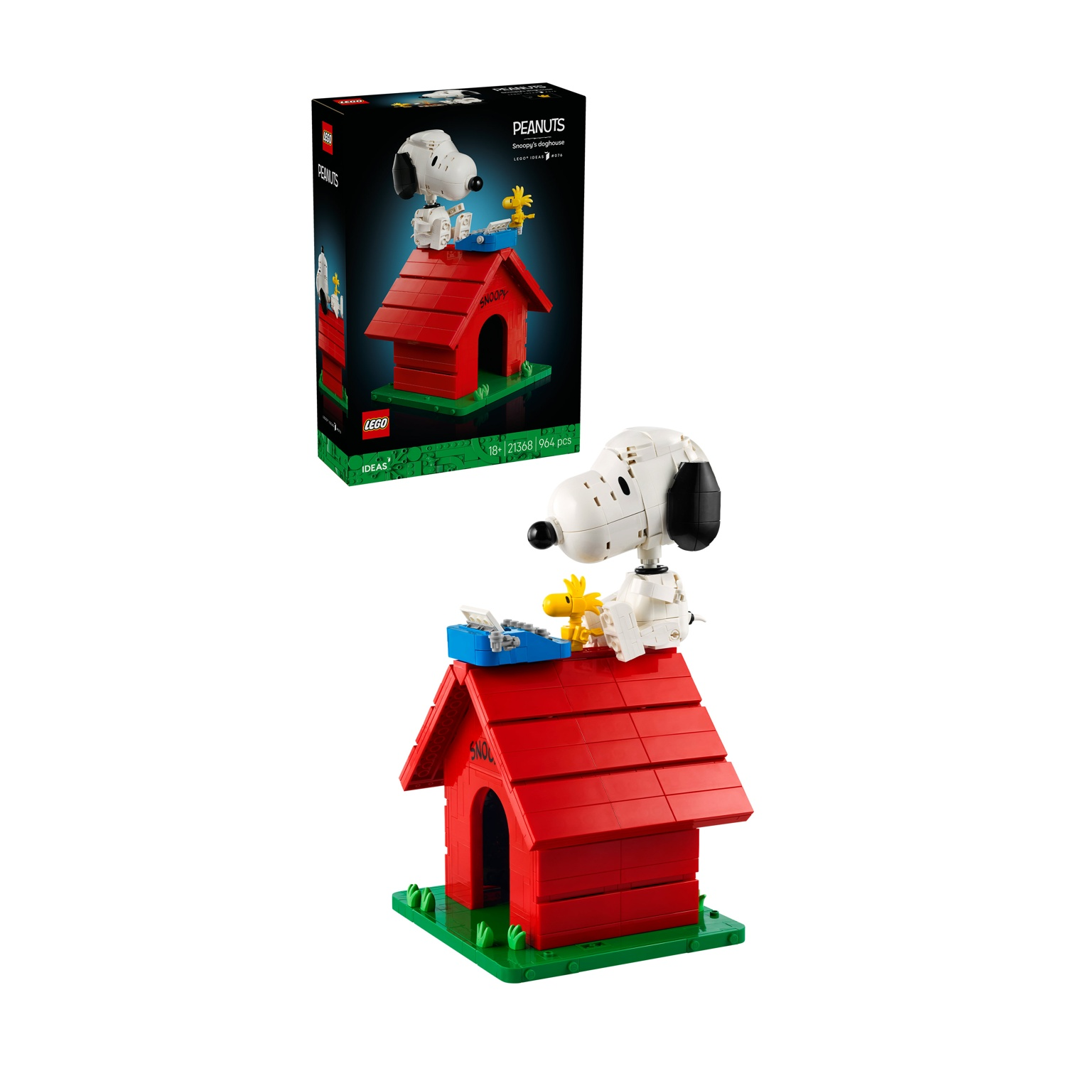 Un modello Lego di Snoopy e Woodstock su una cuccia rossa.