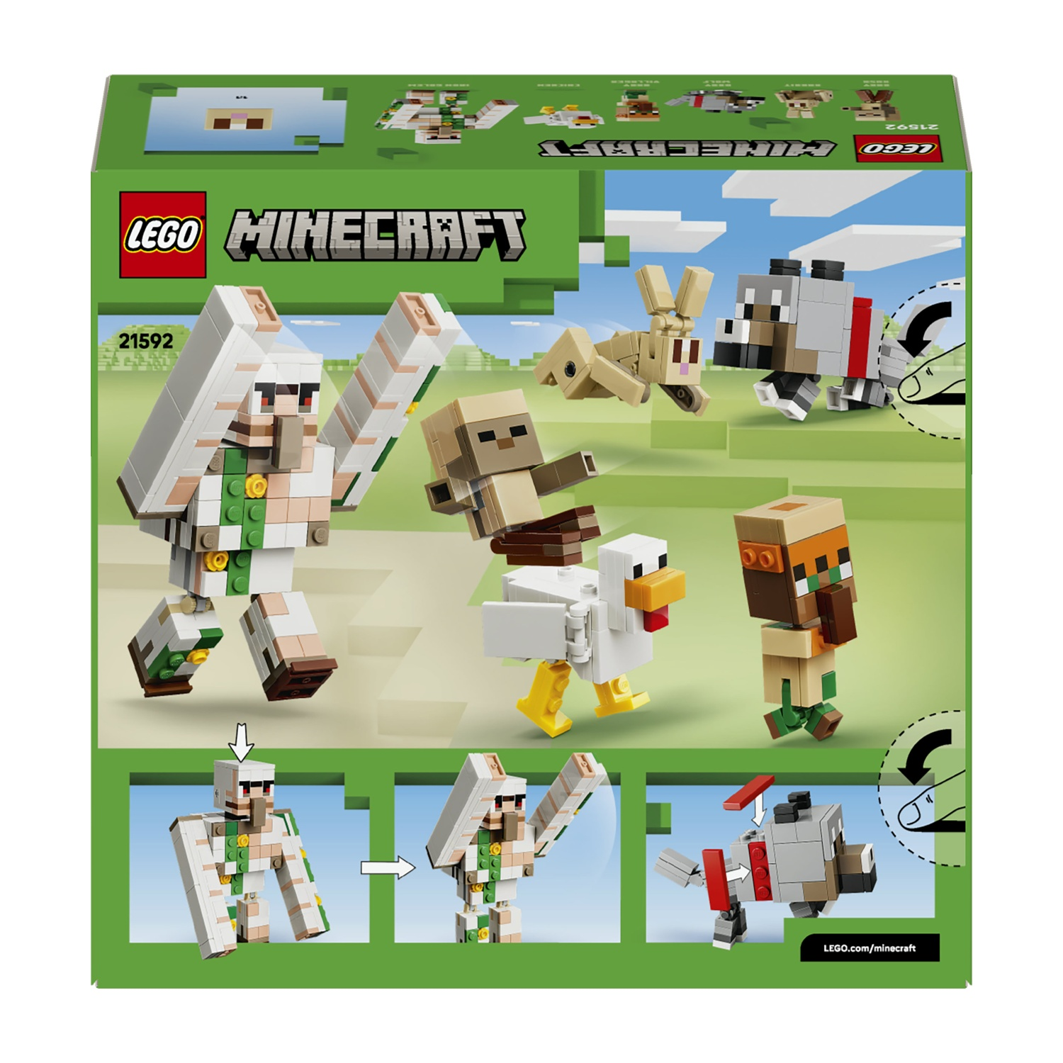Scatola LEGO Minecraft mostra figure: golem, coniglio, lupo, pollo, villico.