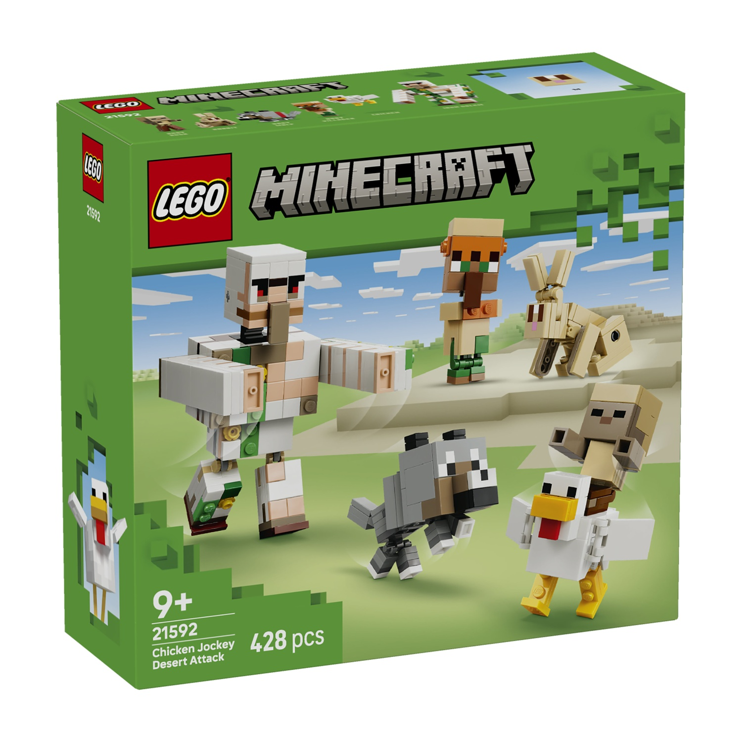 Scatola Lego Minecraft con figure: golem, fantino pollo, coniglio, lupo, pecora.