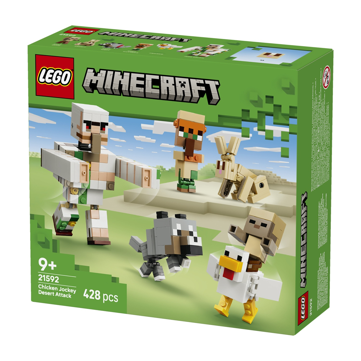 Scatola LEGO Minecraft: Golem di ferro, abitante del villaggio, coniglio, lupo, pollo con cavaliere.