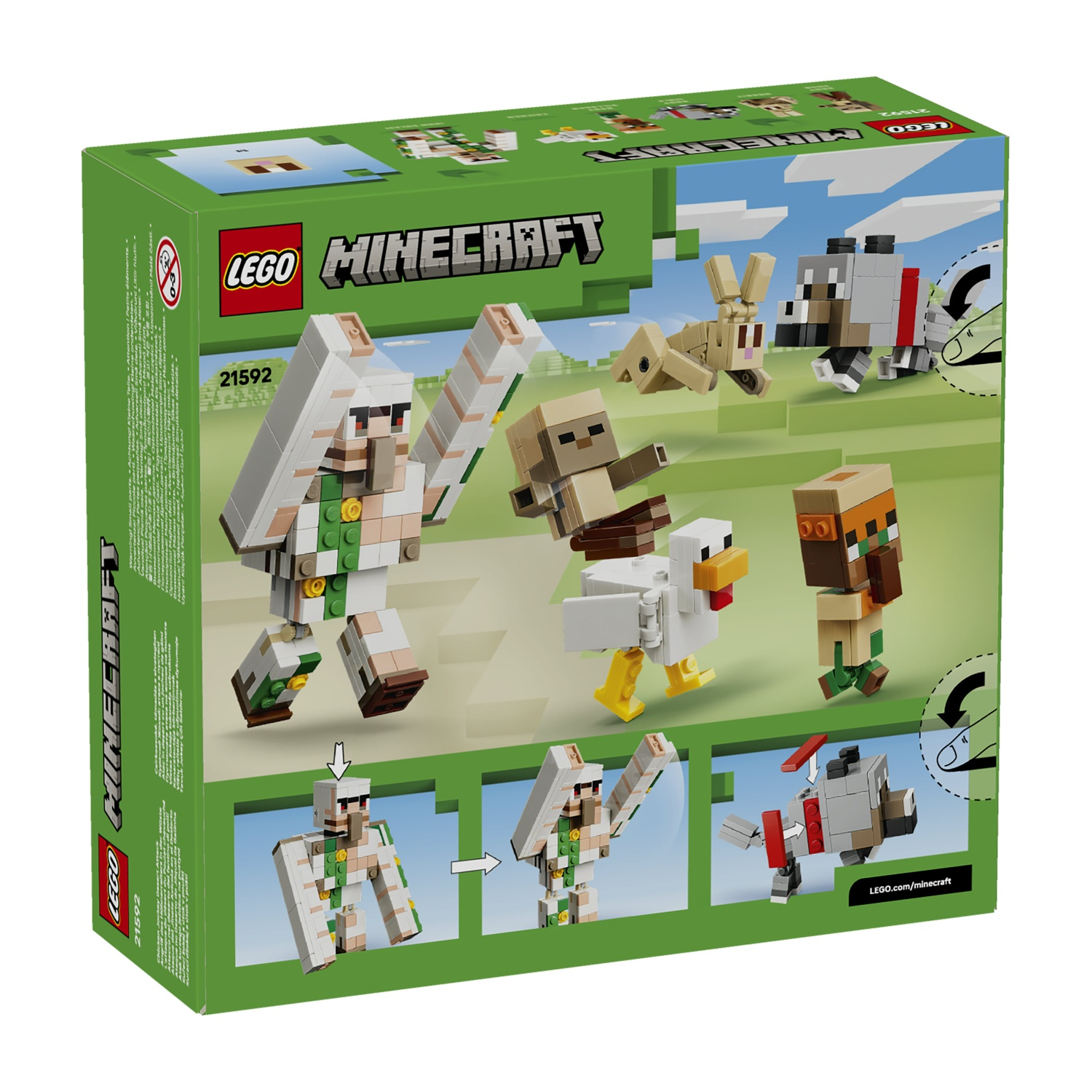 Scatola Lego Minecraft mostra figure: golem di ferro, pollo, coniglio, lupo e due personaggi.
