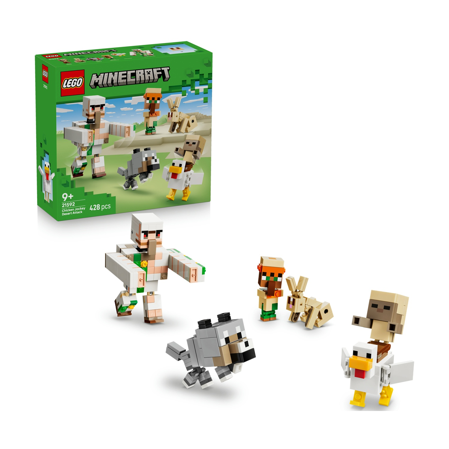 Set Lego Minecraft Attacco nel Deserto del Fantino di Pollo con figure: golem, lupo, pollo, coniglio e abitante.