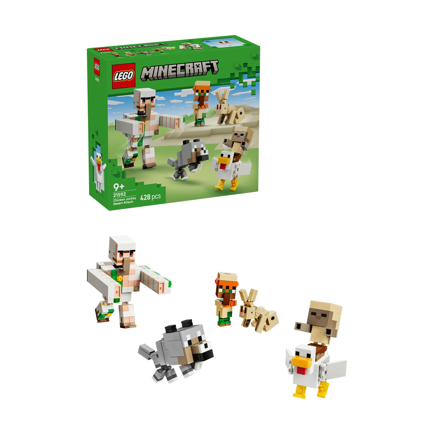 Set Lego Minecraft con figure: golem, lupo, fantino di pollo, abitante, coniglietto.